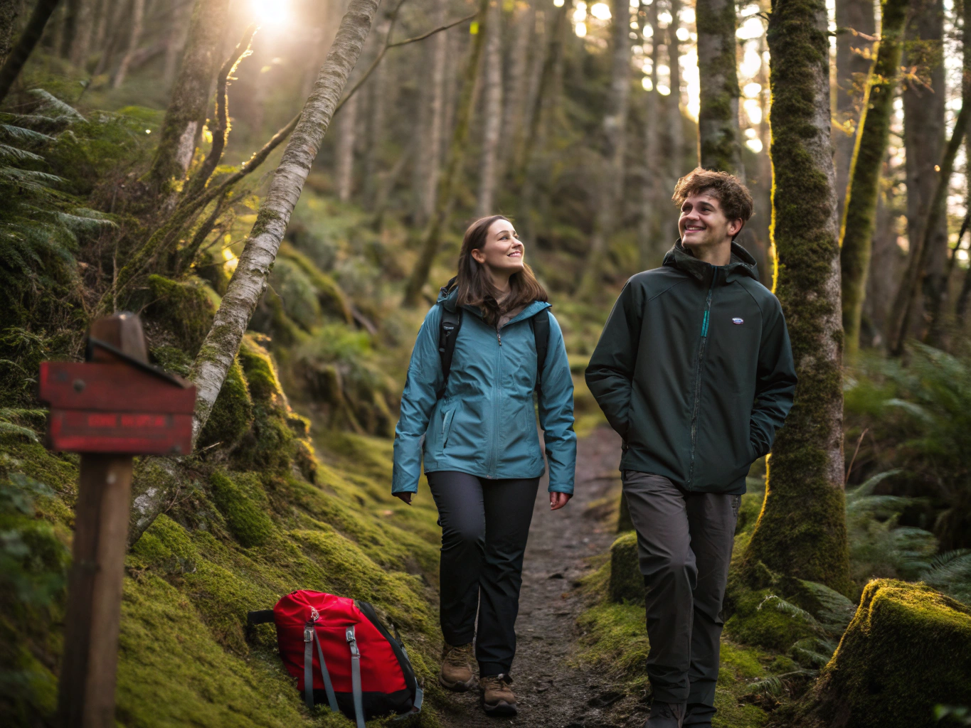Hikers with tactical backpacks walking along a dense forest trail