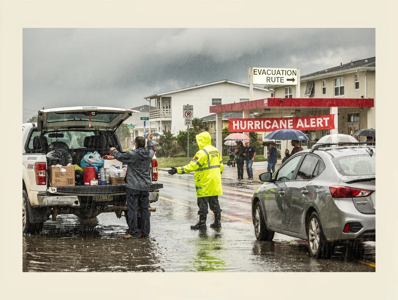 An outfitted overland vehicle packed for emergency evacuation parked on an asphalt shoulder overlooking an open inland highway.