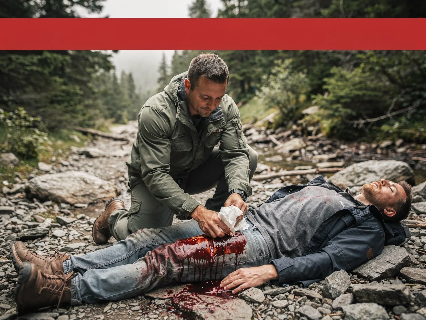 A tactical windlass tourniquet and compressed gauze laid out beside heavy trauma shears on a rugged canvas mat.