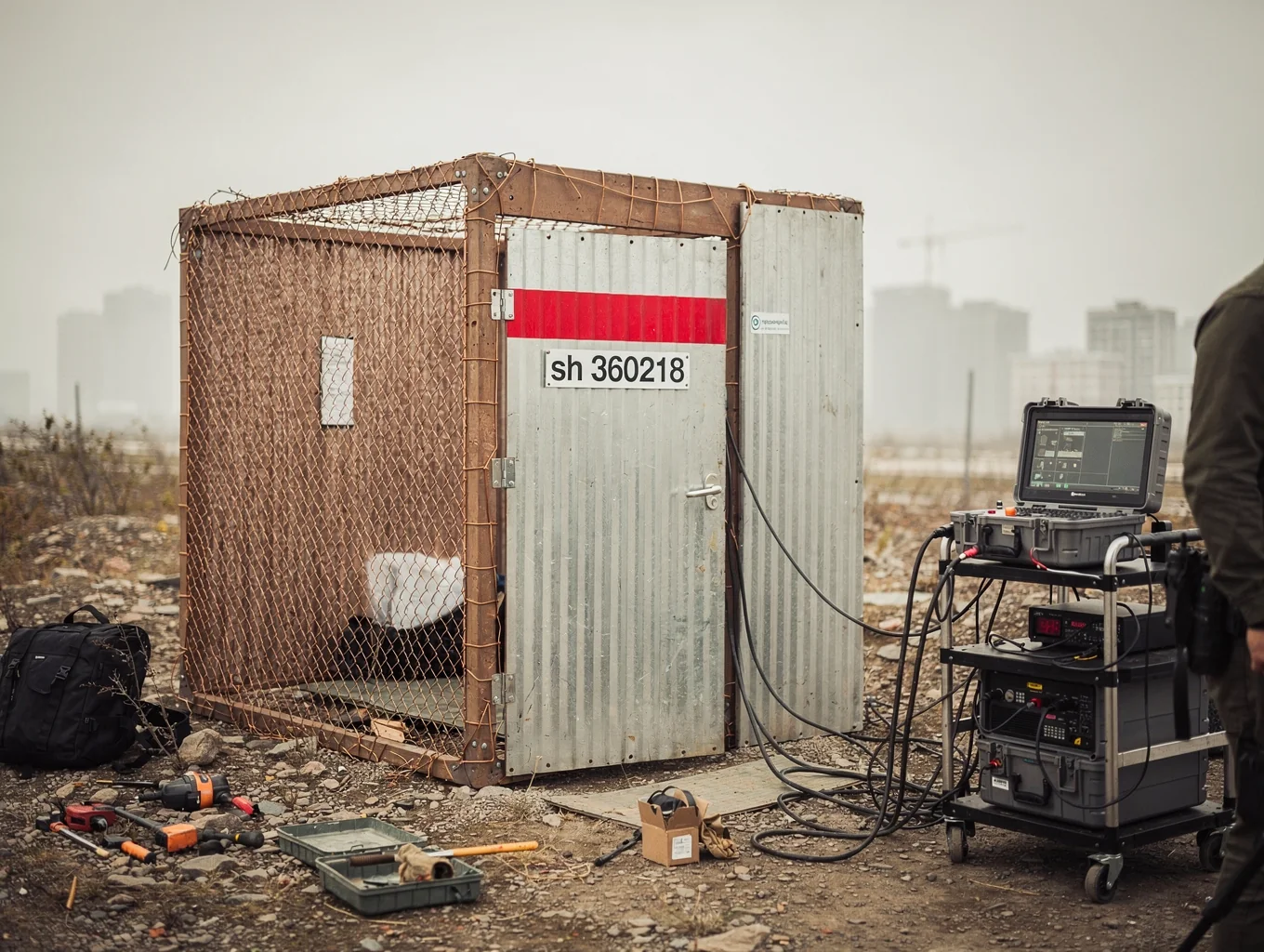 Heavy galvanized metal ammo cans and conductive shielding pouches arranged on a wooden workbench with small electronics and foam insulation.