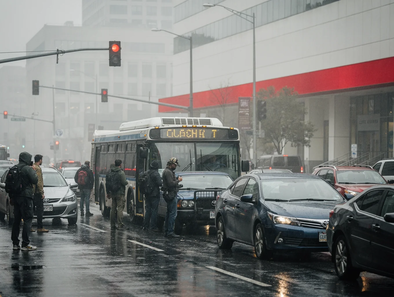 A person quietly wheeling a commuter bicycle past stranded, disabled modern cars stalled along an empty suburban bypass.