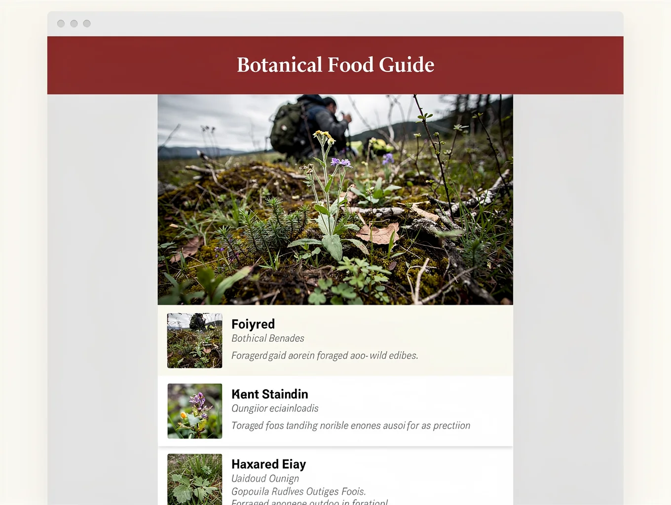 A close-up view of hands carefully inspecting wild edible greens and botanical reference guides in an overcast forest clearing.
