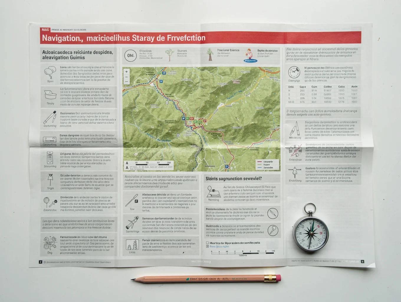 A detailed flat-lay view of an open topographic quadrangle map with contour lines alongside a transparent protractor and an adjustable baseplate compass.