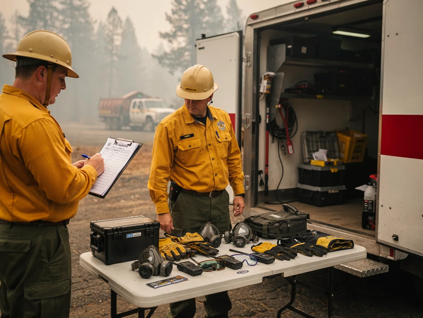 Heavy-duty leather work gloves, wool blankets, sealed safety goggles, and a P100 respirator organized on a vehicle tailgate.