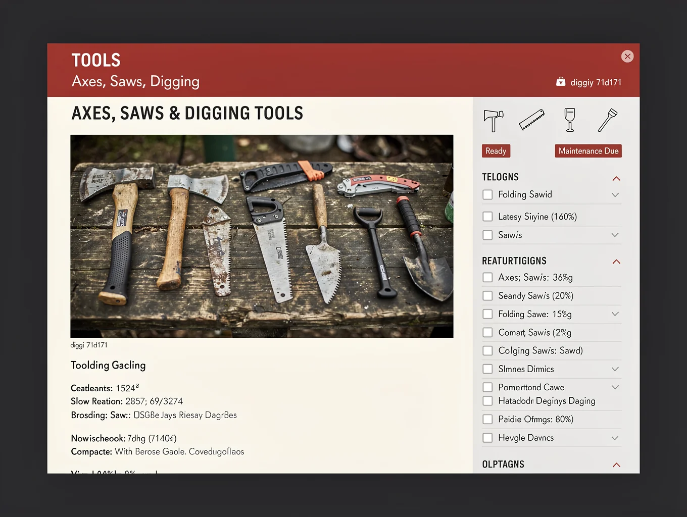 A folding pull saw with Japanese teeth and a compact entrenching shovel lying beside cut deadwood logs in woodland.