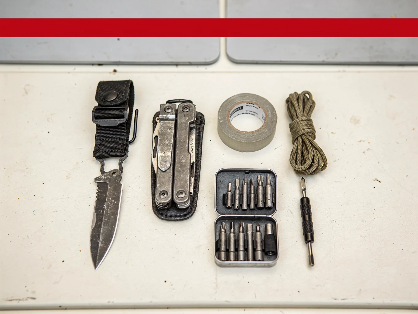 A small metal tin open with diamond sharpening stone, small oil bottle, and repair wire on a rustic workbench.
