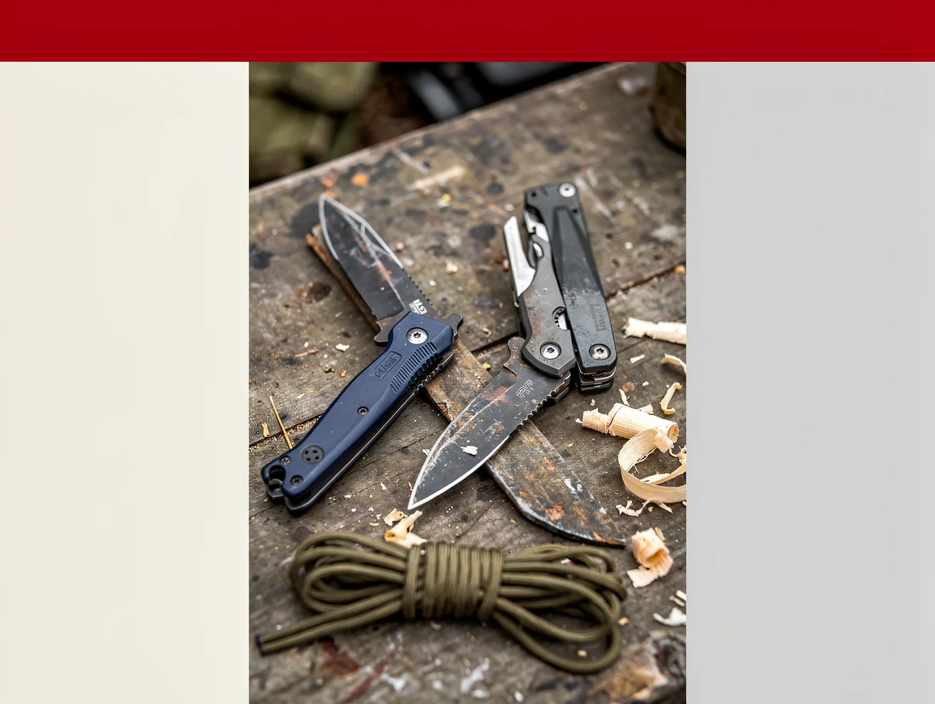 A robust drop-point full-tang fixed blade knife and a plain folding knife resting on a rough timber work log in a forest camp.