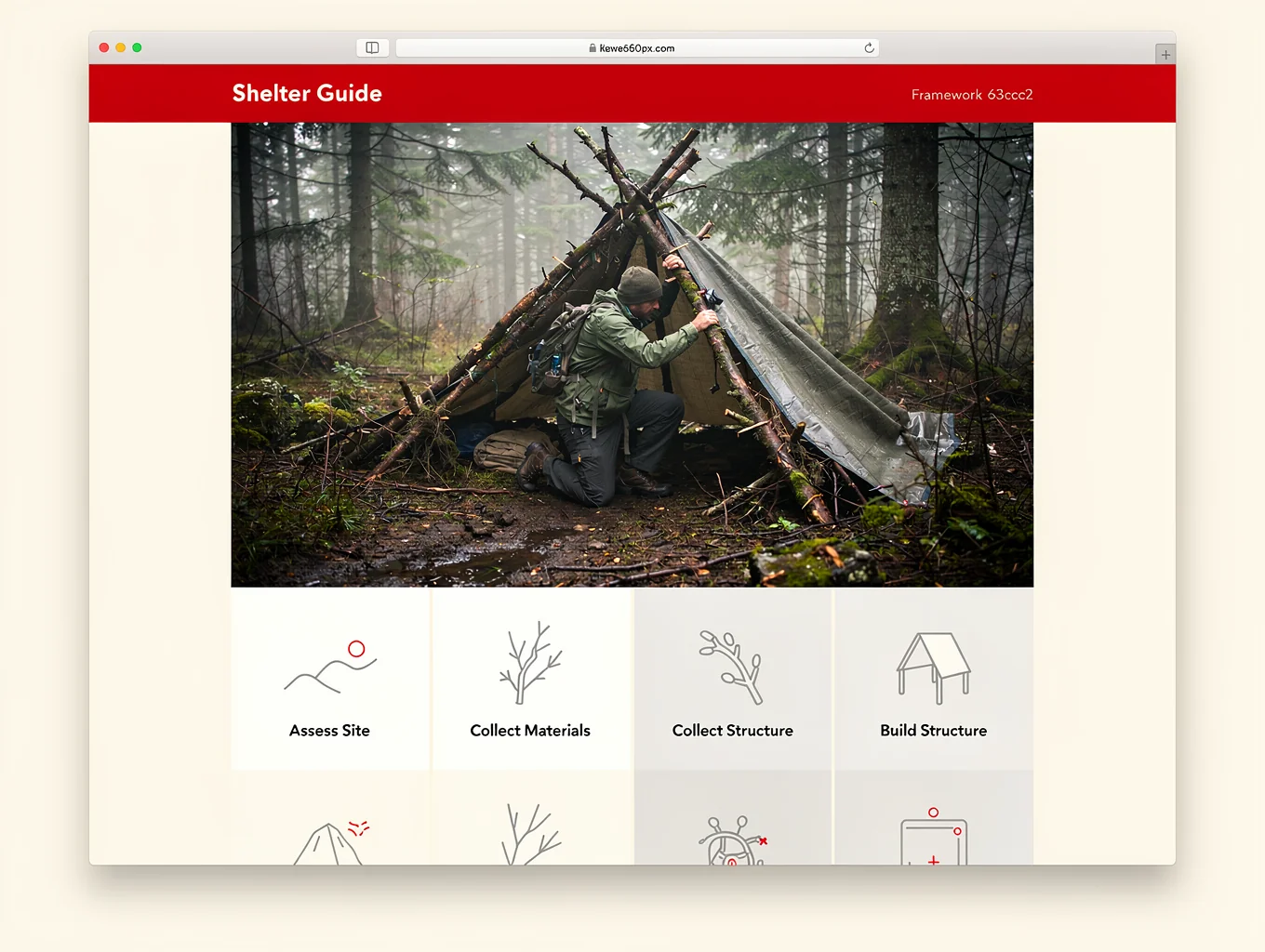 A sturdy timber ridgepole lashed between two support trees with angled support ribs forming an A-frame shelter base.
