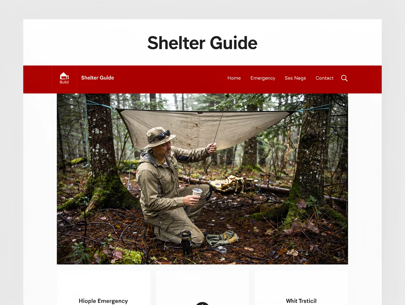 A low-profile bushcraft survival shelter constructed from timber and spruce boughs blending into a misty autumn forest.