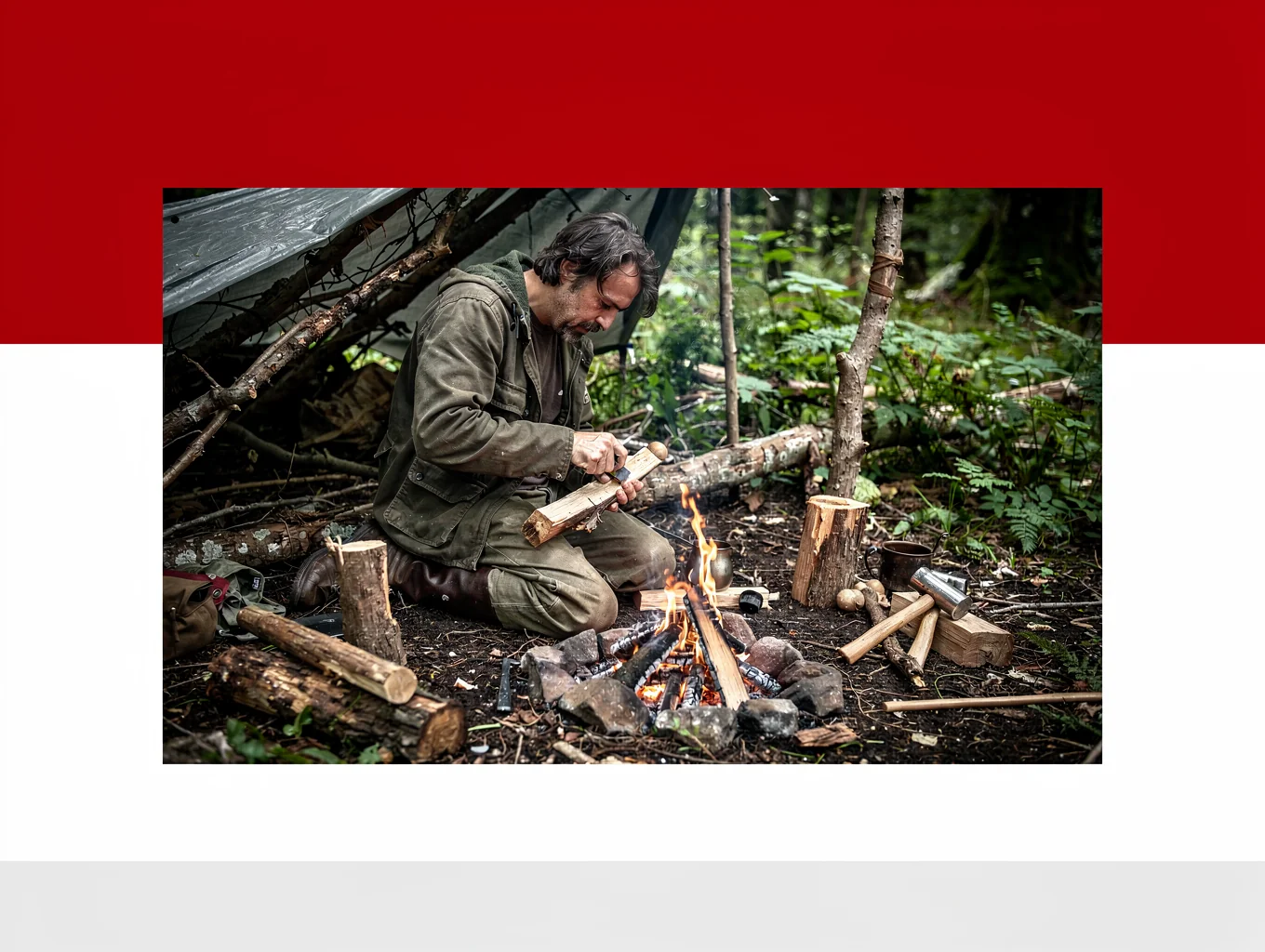 A wooden bow drill fire kit with a notched hearthboard producing fine smoke and ember dust on the forest floor.
