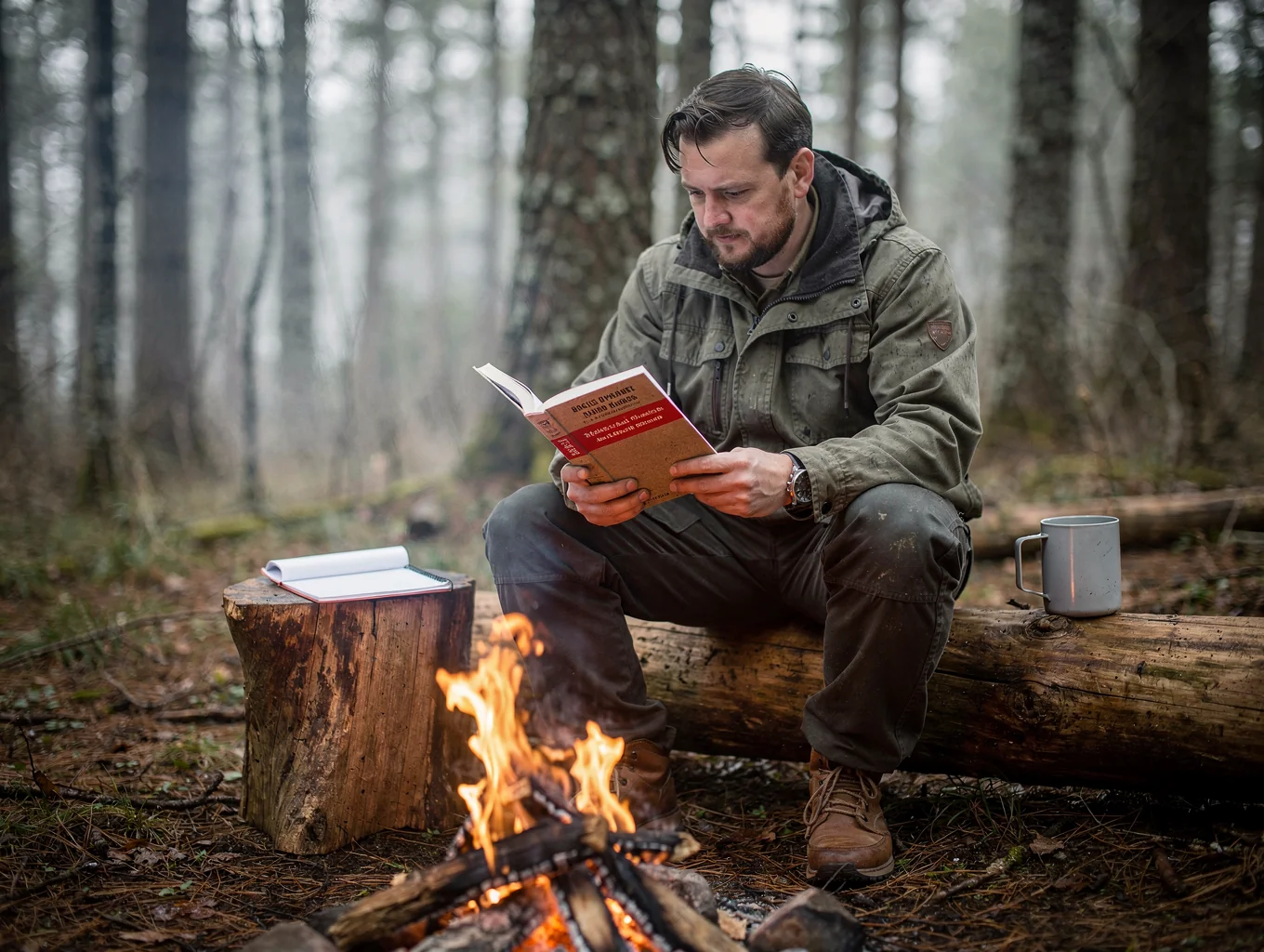 A wilderness tracker crouched low to inspect subtle animal tracks and disturbed soil along a shadowed forest trail.
