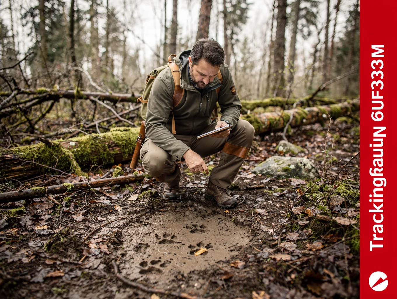 A lone hiker in muted earth-tone clothing practicing careful low-impact foot placement through dense woodland understory.