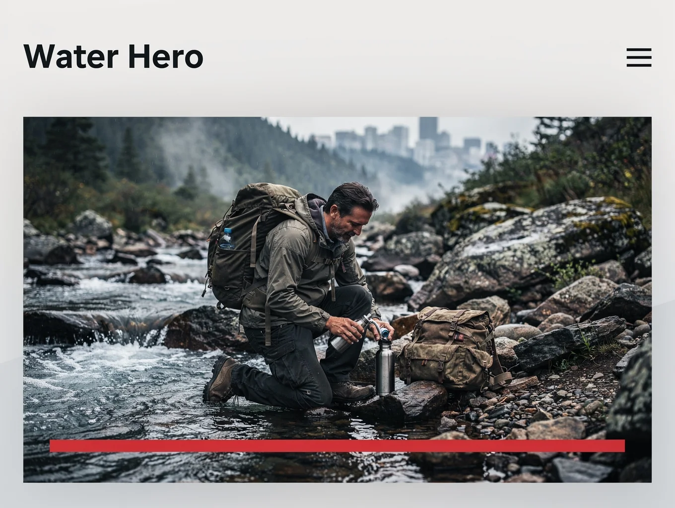 Field operator decanting clean water from a stainless steel canteen beside a rocky forest stream in low morning light.