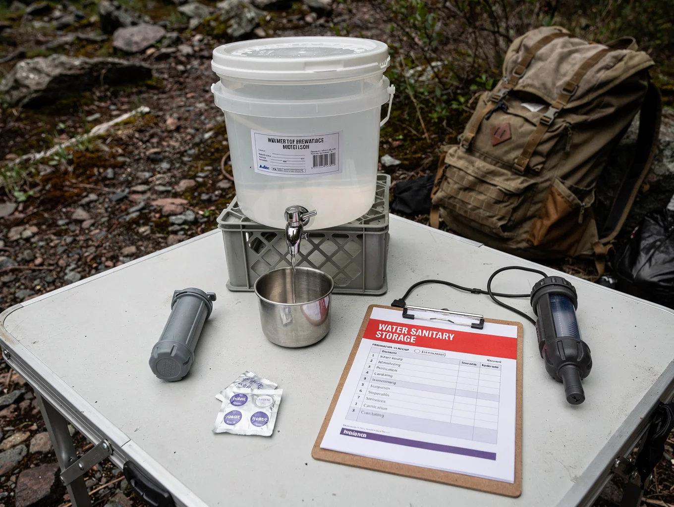 Color-coded water bladders and sealed wide-mouth canteens neatly arranged on an olive drab pack in a field shelter.