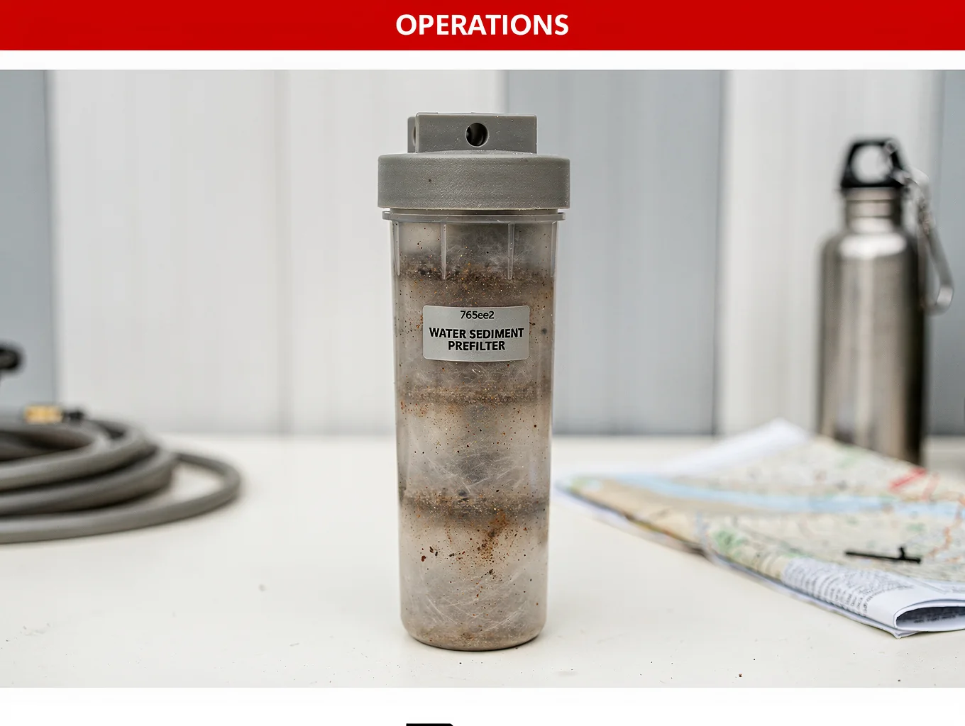 Suspended canvas gravity filter dripping clarified water through sand and charcoal layers into a container outdoors.