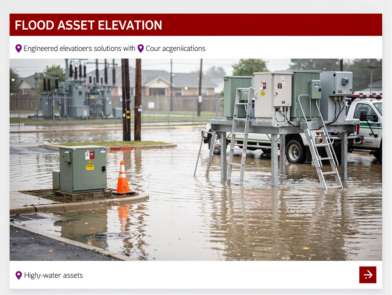 Substantial survival gear bins, emergency power banks, and supplies staged safely above ground level on elevated metal utility shelving in a utility storage area.