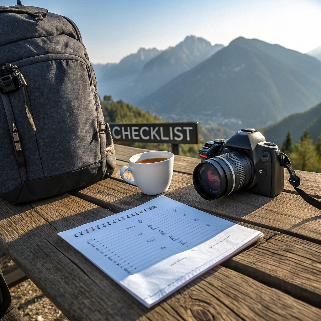 Backpack, camera and checklist notebook on a wooden table overlooking a mountain valley