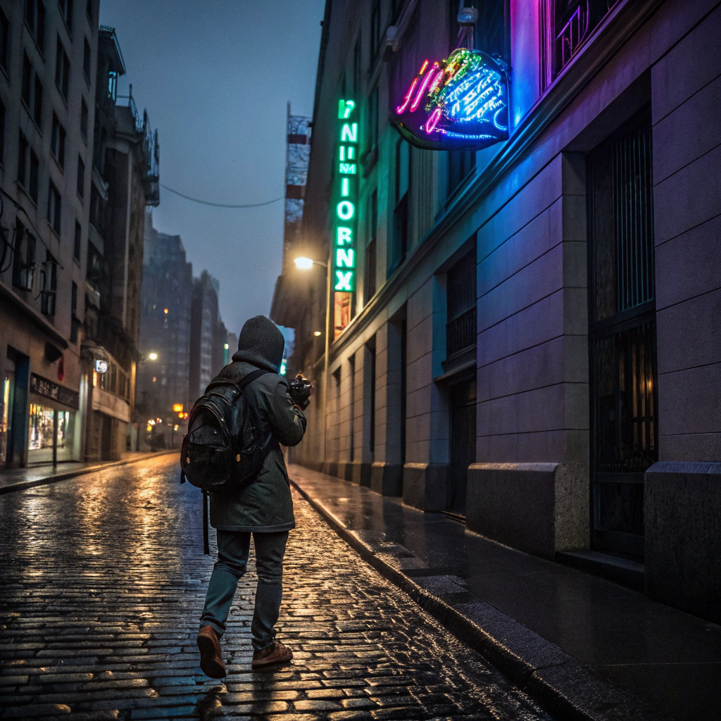 Hooded person with a backpack walking a wet cobblestone city street at night