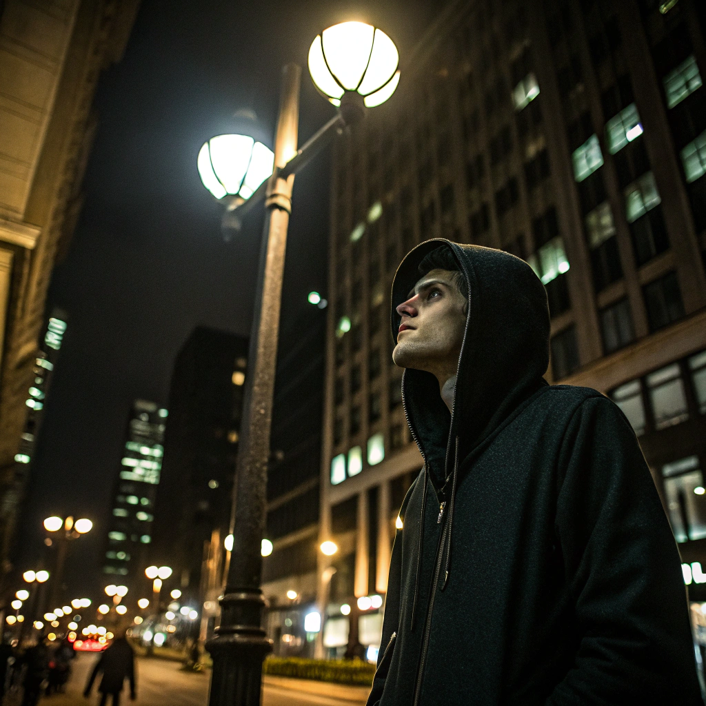 Young man in a dark hoodie looking up on a city street at night under glowing lampposts