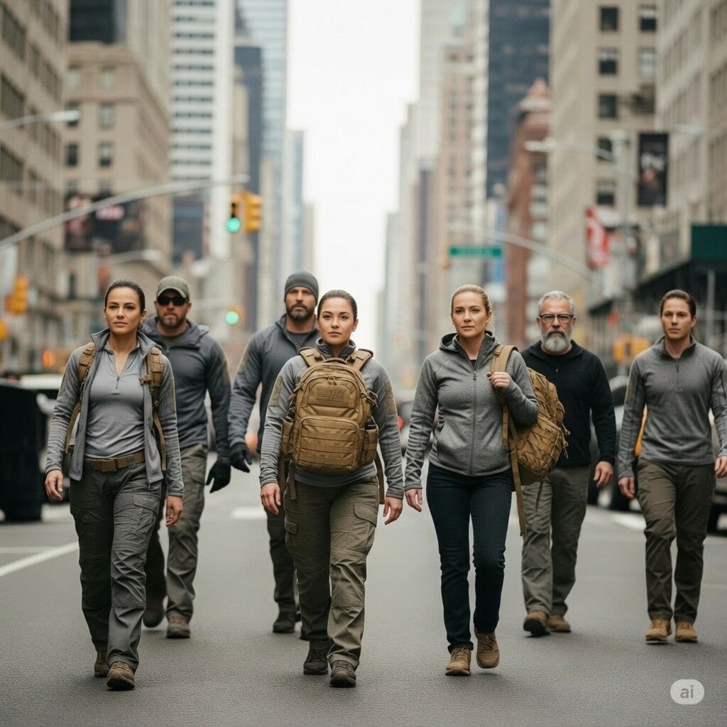 A group of people blending into a busy city street with everyday survival backpacks