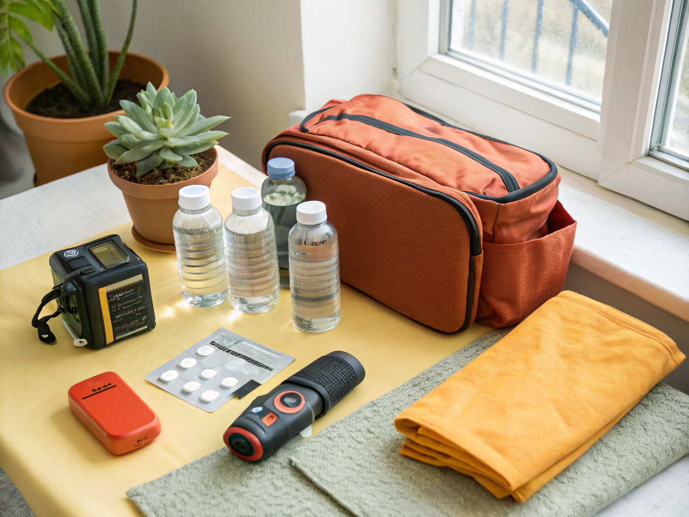Tactical bug-out gear flat-lay with emergency radio, first aid kit, solar charger, compact shelter, and essential survival gear
